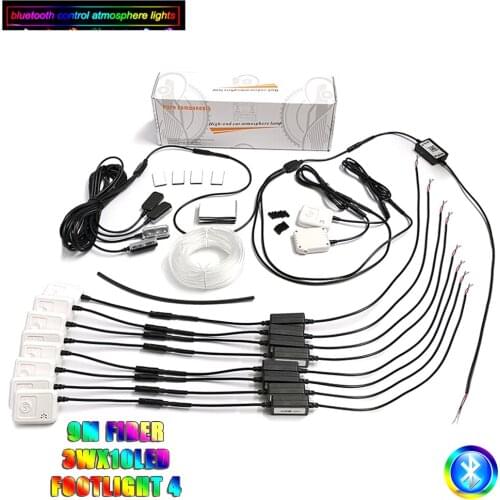 10 pcs Car Ambient Light + 4 pcs Foot Lamps 9M Optical Fibre 64colors Led Wireless No Threading App Control