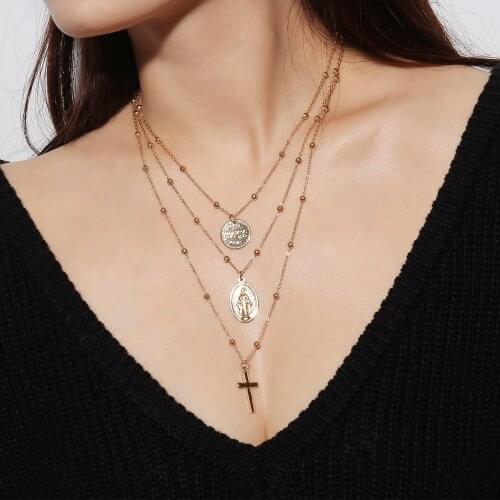 2021 Jewelry, Retro Exaggerated Personality, European Fan Necklace, Virgin Mary Cross Pendant, Multilayer Copper Bead Necklace