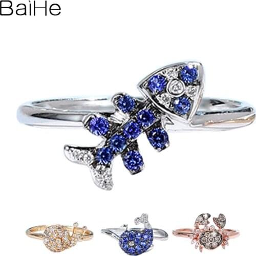 BAIHE Solid 14K White/black/Yellow/Rose Gold Natural Sapphire Natural Diamond Whale/Fish Bone/Crab/Snail Ring Fine Jewelry Women