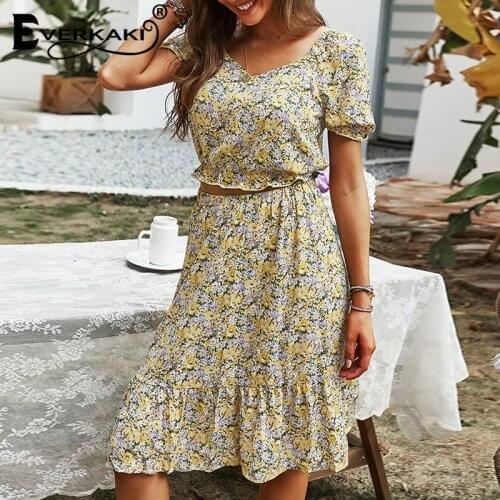 Everkaki Floral Print Top and Skirt 2PCS Sets Suits Elegant Party Chic Plus Size Boho Outfits Suits Sets Female 2021 Clothing