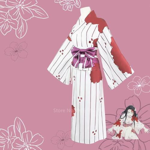 Halloween Demon Slayer Kamado Nezuko Cosplay Costume Carnival Party Scary Ghost Bloody Stripe Japanese Traditional Kimono Yukuta