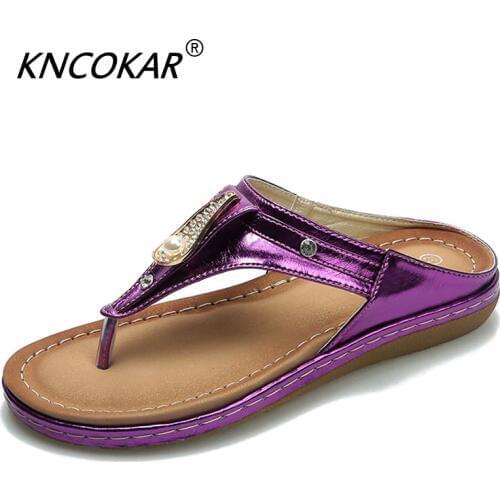 KNCOKAR New Large Size Cool Slippers Fashion Diamond Smooth Sandals Toe Leisure Beach Slippers For Women 35-42