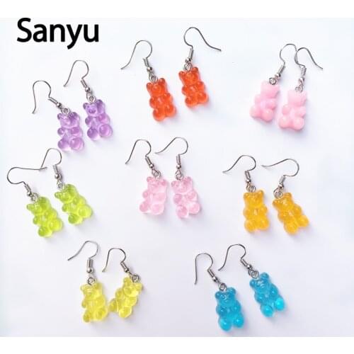 Creative Hadmade Transparent Colorful Little Bear Drop Earrings for Women Girls Cartoon Jelly Bears Funny Animal Dangle Earrings