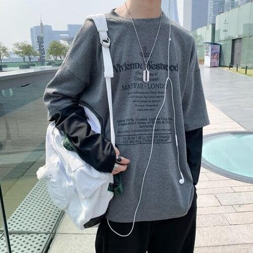 Fake Two Pieces Men T Shirt Autumn Letter Print Long Sleeve O Neck Korean Fashion Harajuku Retro Japan Style Hip Pop Vintage Top