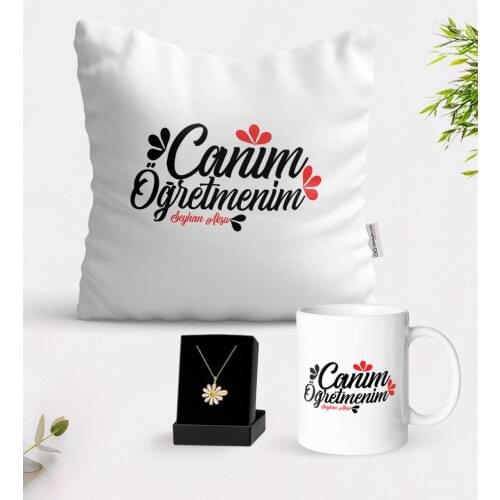 Personalized Monsieur Lazhar White Mug Cushion and Is Daisy Necklace Gift Seti-11