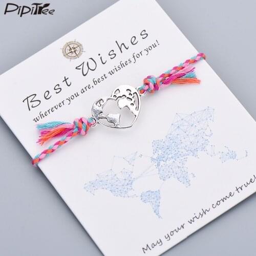 Pipitree Bohemian Style Rope Braided Heart Bracelet Lover Couple Best Wishes World Map Charm Bracelets Women Wish Jewelry Gift