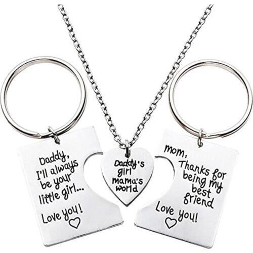 3pcs/Set Dad Daughter Mother Pendant Necklace Keychain Sets Mothers Day Fathers Day Gift Jewelry Father Mom Keyring Necklaces