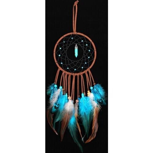 1PC Indian Heirs Catching Dreams Hanging Ornaments Wind Chimes Make Up Dream Catcher Net Blue Feather With Light