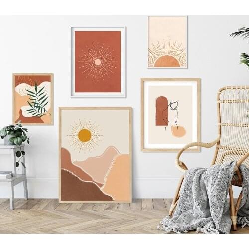 Boho Sunshine Cartoon Poster Line Woman Wall Art Print Mountain Canvas Painting Wall Pictures for Living Room Home Cuadros Decor