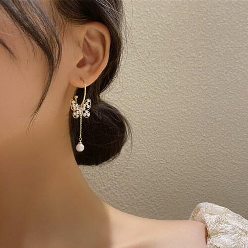 Origin Summer Fashion Hollow Pearl Butterfly Dangle Earring for Women Stylish Rhinestone Long Tassel Earring Jewelry Pendientes