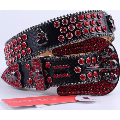Red Jeans Belt Skull Luxury Leather Strap Men Western Crystal Studded Cowboy Belt Women Rhinestone Cowgirl Belt Ceinture Femme