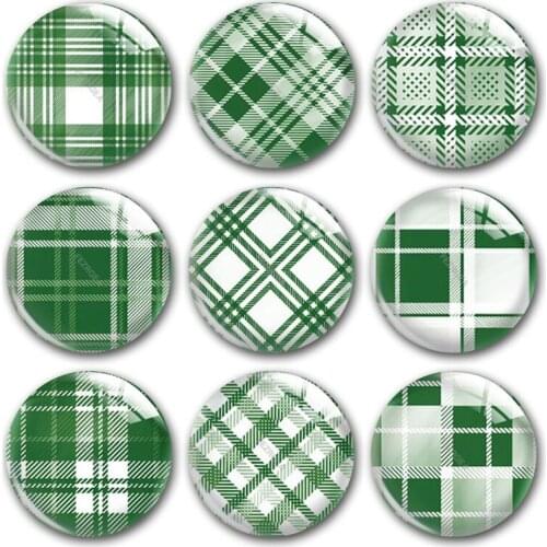 Handmade Buffalo Plaid Green White Pattern Round Photo Glass Cabochons Demo Flat Back DIY Jewelry Making Findings Accessory