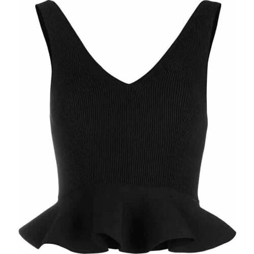 Ribbed Knit Top with Ruffles Black White Tank Top Sexy V Neck Sleeveless Sheath Elastic Vest Summer 2021 High Quality Dropship