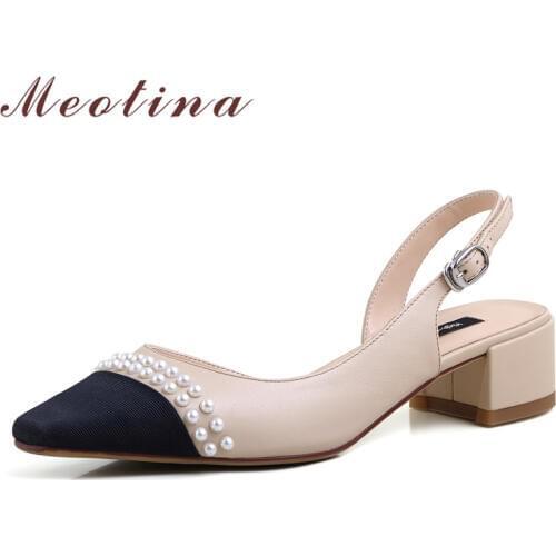 Meotina Shoes Women Pearl Genuine Leather Mid Heel Slingbacks Pumps Square Toe Square Heels Footwear Lady Summer Apricot Size 40