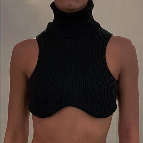 OMSJ Streetwear Fashion Edible Tree Fungus Turtle Neck Women Sleeveless Crop Tank Top Summer Hot Sexy Black Super-short Vest Top