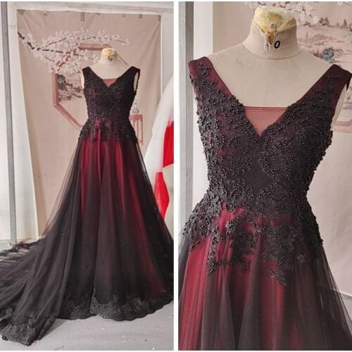 Real Photos Red and Black Wedding Dresses A-Line with Appliques Beaded Vintage Inspired Wedding Dresses Colored Bridal Gowns