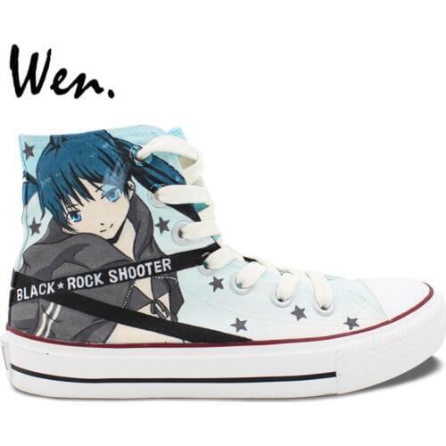 Wen Light Blue Anime Hand Painted Shoes Black Rock Shooter Birthday Gifts for Men Women Anime High Top Canvas Sneakers