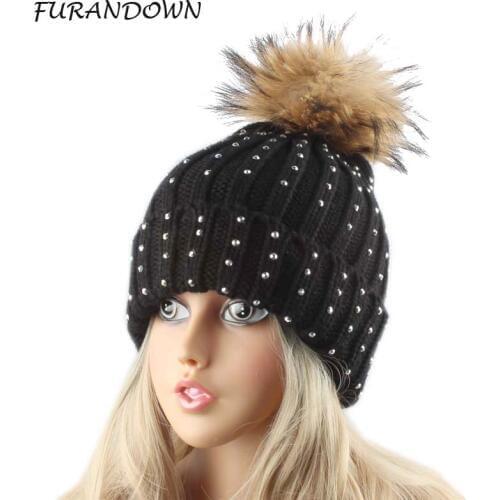 Womens Hat Winter Thick Knitted Hat Rhinestones Beanie Fur Pompom Winter Hats For Women Skullies Cap
