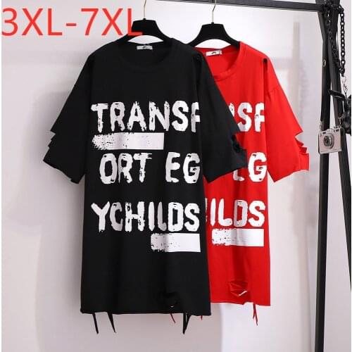 New 2021 Ladies Summer Plus Size Tops For Women Large Short Sleeve Loose Red Cotton Letter Hole Long T-shirt 3XL 4XL 5XL 6XL 7XL