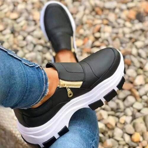 Womens Spring Shoes Fashion Woman Zip PU Leather Flat Platform Thick Bottom Ladies Vulcanized Shoes 2021 Female Sneakers New