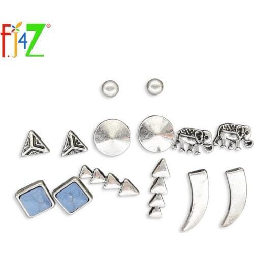 2016 Hot Ear Studs Fashion Vintage Anti-silver Punk Elephant Spike Triangle Blue Stone Stud Earrings for Women 7pairs/card board