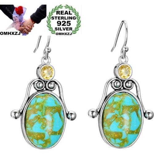 OMHXZJ Wholesale European Fashion Woman Girl Party Wedding Gift Turquoise AAA Zircon 925 Sterling Silver Drop Earrings EA323