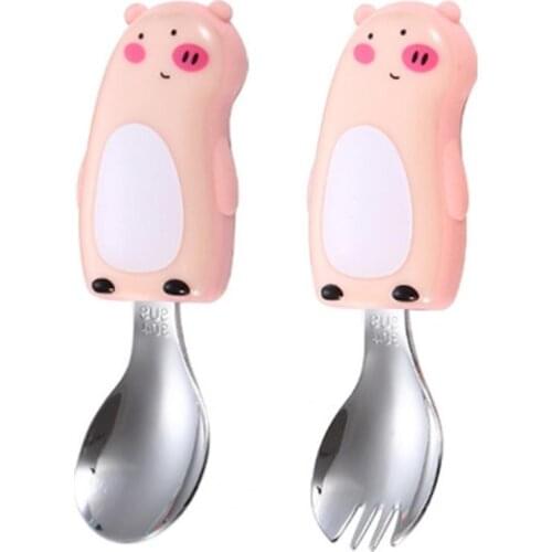 2Pcs/Set Kid Spoon Food Grade Cartoon Pattern Stainless Steel Cutlery Spoon Fork Set for Home Kid Spoon