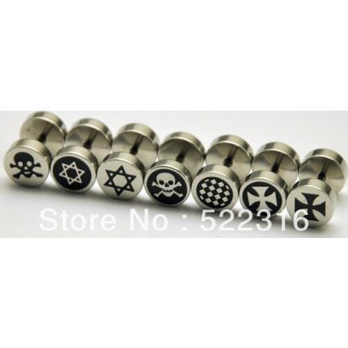 Free shipping stainless steel mix 24 different styles logo picture fake ear plug body jewelry piercings fake earring cheaters