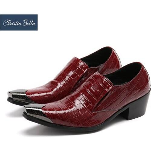 Christia Bella Red Genuine Leather Men Formal Shoes Increase Height Mid Heel Business Leather Shoes Plus Size Prom Footwear