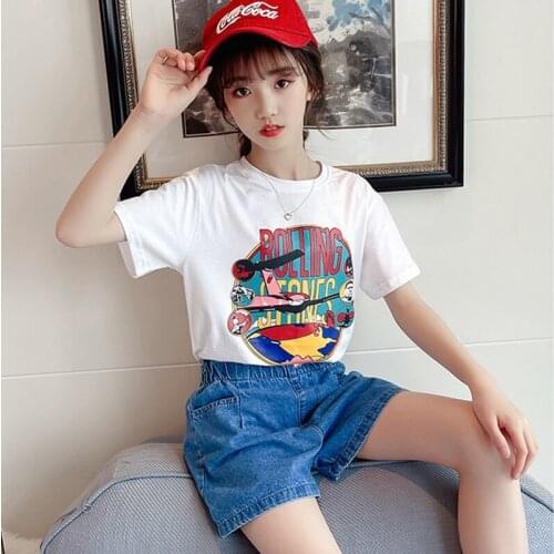 Teenagers Kids Girls Clothes Set Summer Girl Crop Tops Print T-shirt+Denim Shorts 2pcs Girl Outfits 4 6 10 12 13 Y Baby Clothing