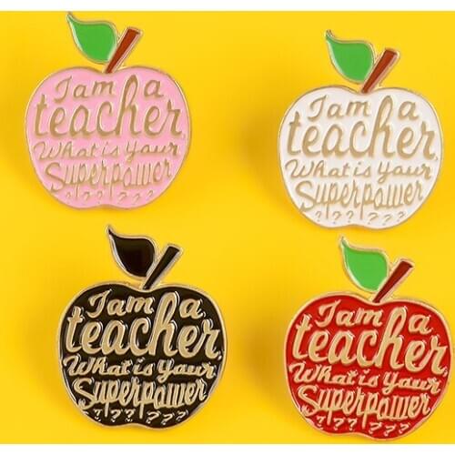 Apple Enamel Pin I Am a Teacher Badge Red Pink Brooch Quote Lapel Clothes Bag Pin Fruit Jewelry Gifts for Teachers
