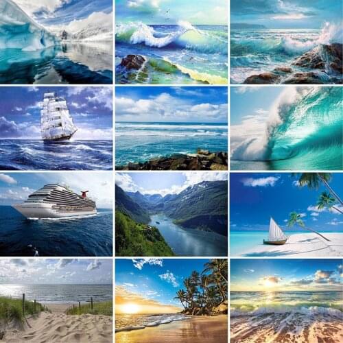 GATYZTORY 5D Full Square Diamond Painting Waves Scenery Diamond Embroidery Mosque Picture Of Rhinestones Diamond Mosaic Wall Dec