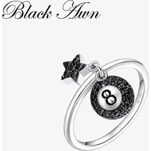 [BLACK AWN] Genuine 925 Sterling Silver Jewelry Black '8' Rings for Women Female Star Bague G100
