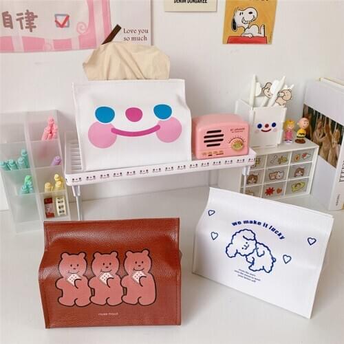 Cute Cartoon Print Tissue Storage Box Kawaii Smile Bear PU Girls Korea Japan Desktop Storage Large Capacity Container Box