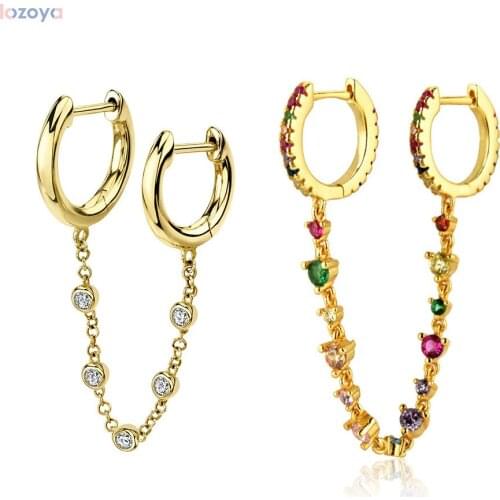 LOZOYA 925 Sterling Silver Rainbow Hoops For Rock CZ Zircon Solid Safe Chain Double Huggies Colorful Safety Earring Punk Jewels