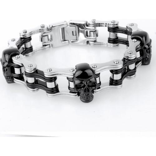 Fashionable bike Black skull titanium steel bracelet with 316 stainless steel bracelet