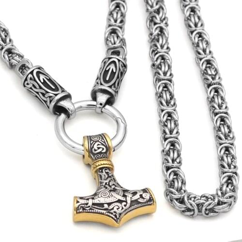 Men stainless steel Wolf head norse viking amulet thor hammer pendant necklace viking king chain