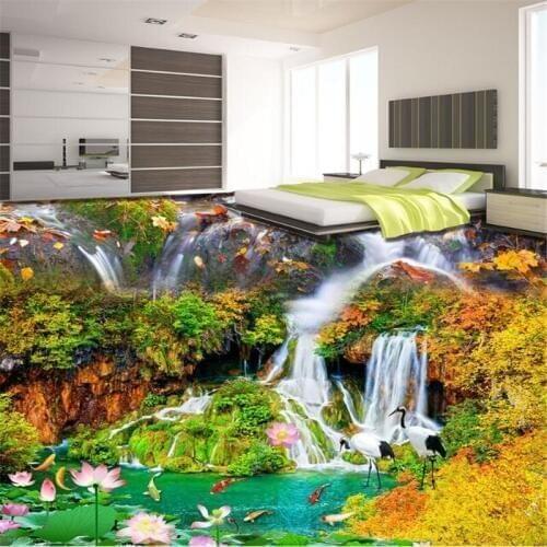 Beibehang Custom wallpaper bathroom 3D waterfall water nine fish map lotus flower PVC floor wallpaper self - adhesive flooring