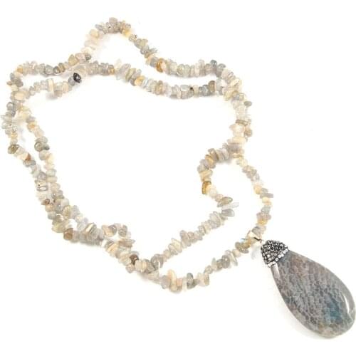 Drop-shaped Gray Agates Pendant Necklace Reiki Healing Natural Stone Amulet DIY Jewelry Gift Chain Length 80cm