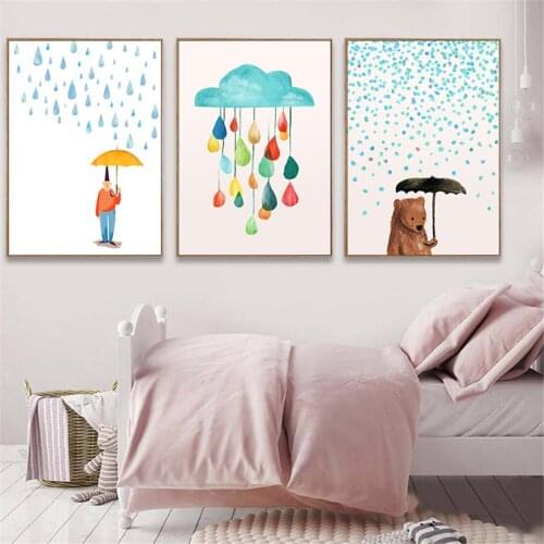 Cartoon Bear Animals Poster Prints Rain Drop Umbrella Canvas Painting On The Wall For Kid Bedroom Nursery Art Picture Home Decor
