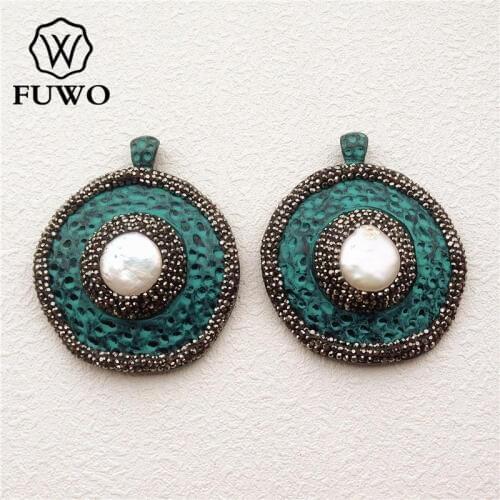 FUWO Pave Crystal Rhinestone Blue Green Patina Bronze Pearl Pendant High Quality Freshwater Pearl Boho Jewelry Wholesale PD1518