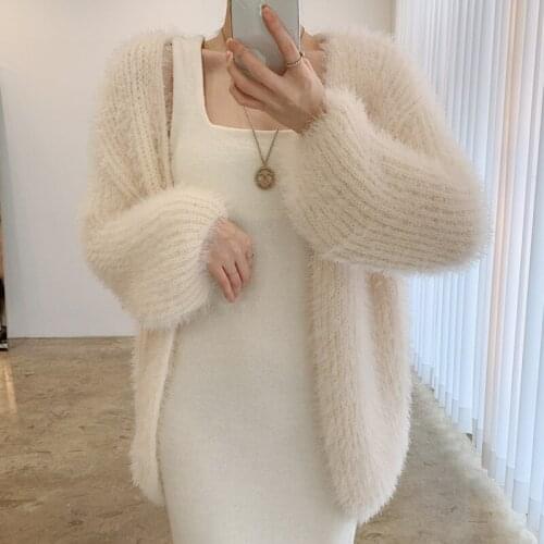Luxury V-Neck Mink Cashmere Knit Cardigan Mohair Crochetes Sweater Coat Casual Lantern Sleeve Tops Jersey Mujer Sueters De Mujer