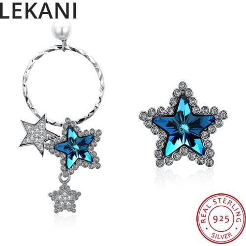 LEKANI Trendy Asymmetric Star Drop Earrings 925 Sterling Silver Dangle Earrings For Women Fine Jewelry Crystals From SWAROVSKI