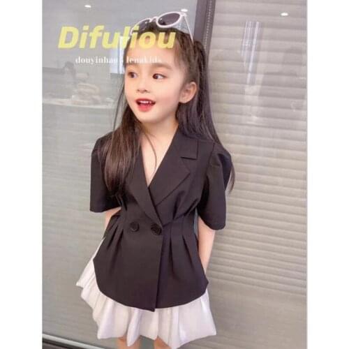 Net Red Girls Summer Suit Skirt Western Style Waist Short Puff Sleeve Small Suit + Pleated Skirt Two-piece Suit fashion clothes