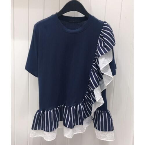 Korean Style Ruffled Striped Patchwork Short Sleeved T-shirt Womens 2021 Spring Summer New Irregular Tee Tops Female Clothes