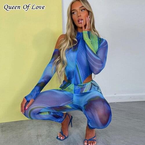 Sexy Gradient Print Pant Outfits 2021 Autumn Fashion See Through Mesh Bodysuit Shirt Top Legging 2 Piece Women Matching Set