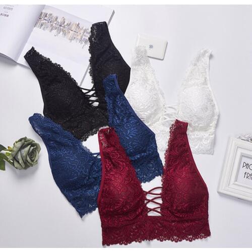 Sexy Lace Bralette Camisoles Tank Top Women Deep V Back Cross Wirefree Underwear Lingerie Brassiere Sexy Crop Top Female Tanks