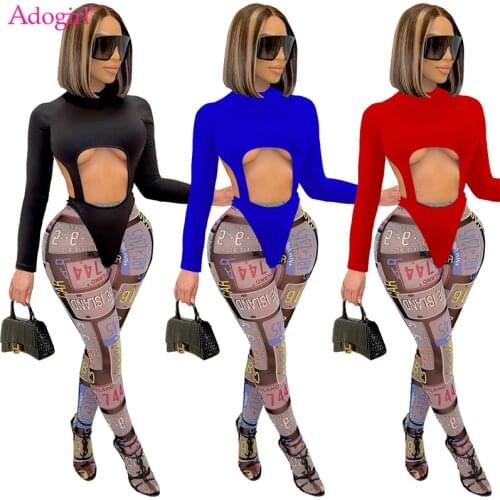 Adogirl Women Sexy Two Piece Set Solid Hollow Out Backless Long Sleeve Bodysuit Top Letter Printed Pants Autumn Clubwear Suit