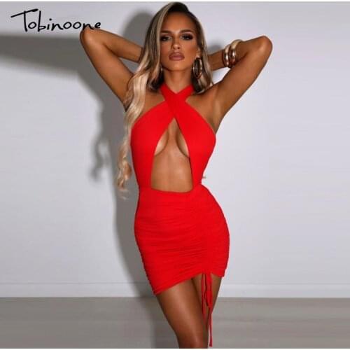 Tobinoone Halter Tie Hollow Out Backless Dress Women Sleeveless Bodycon Sexy Party Mini Dresses Drawstring Pleated Vestidos