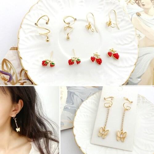 DIY butterfly earring material copper plated 18K gold long elegant spiral S925 silver needle strawberry earring pendant 2pcs